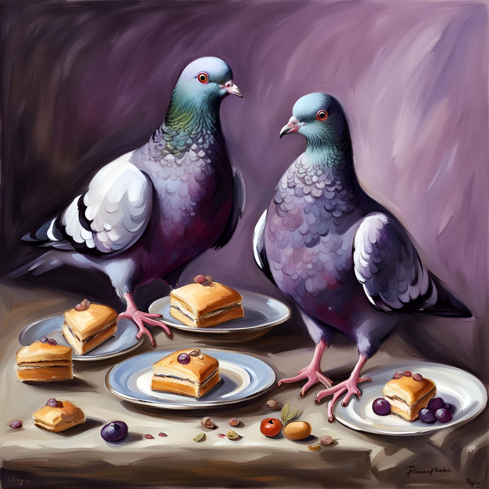 Purple Pigeons Pecking Pastries in Playful Portrait