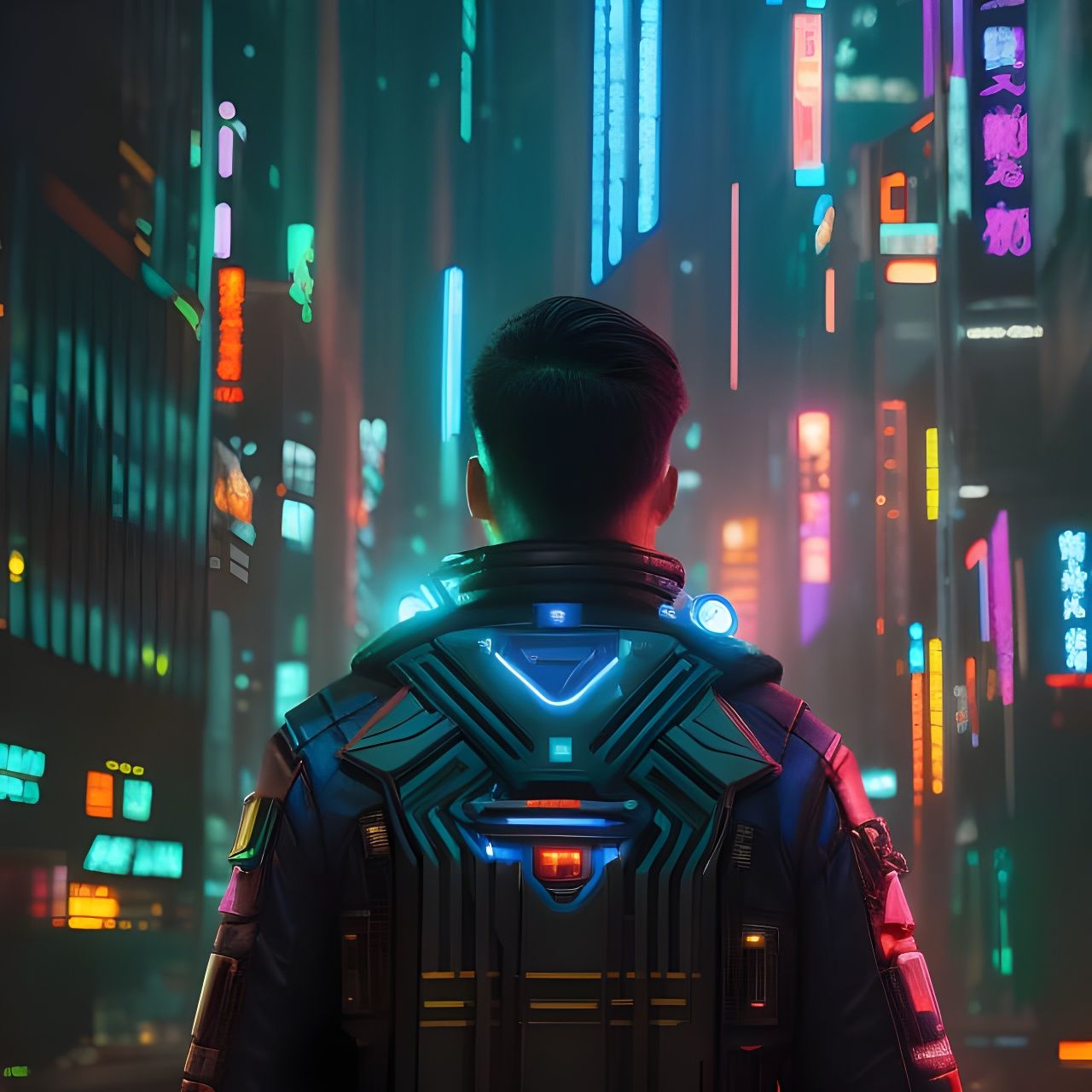 Cyberpunk Man in Glowing Metropolis, Hyperdetailed Art