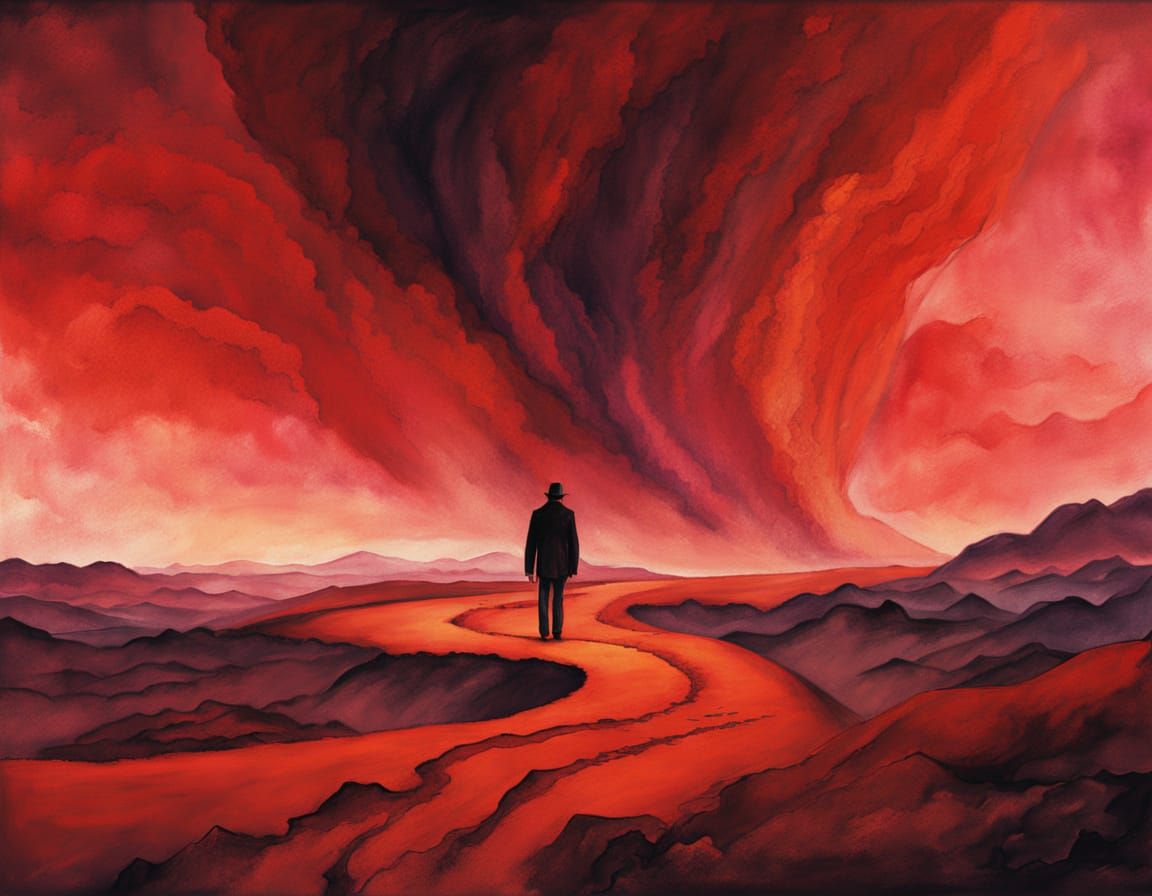 Surreal Watercolour Inferno Landscape with Weary Traveller