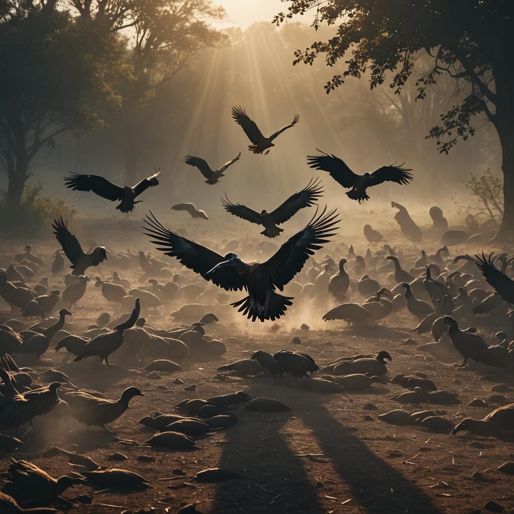 Vultures Circling Prey in Dramatic Chiaroscuro