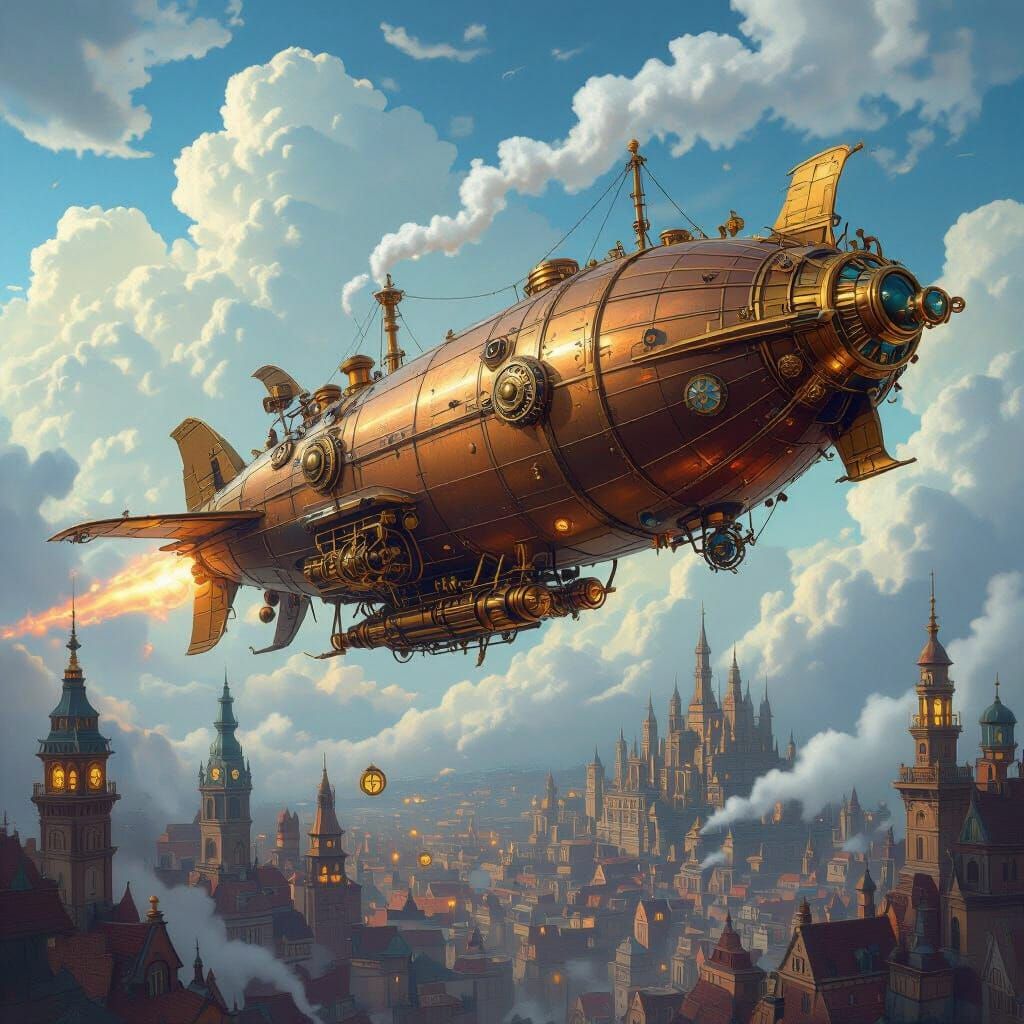 Steampunk Airship Soaring Through Gear-Filled Skies