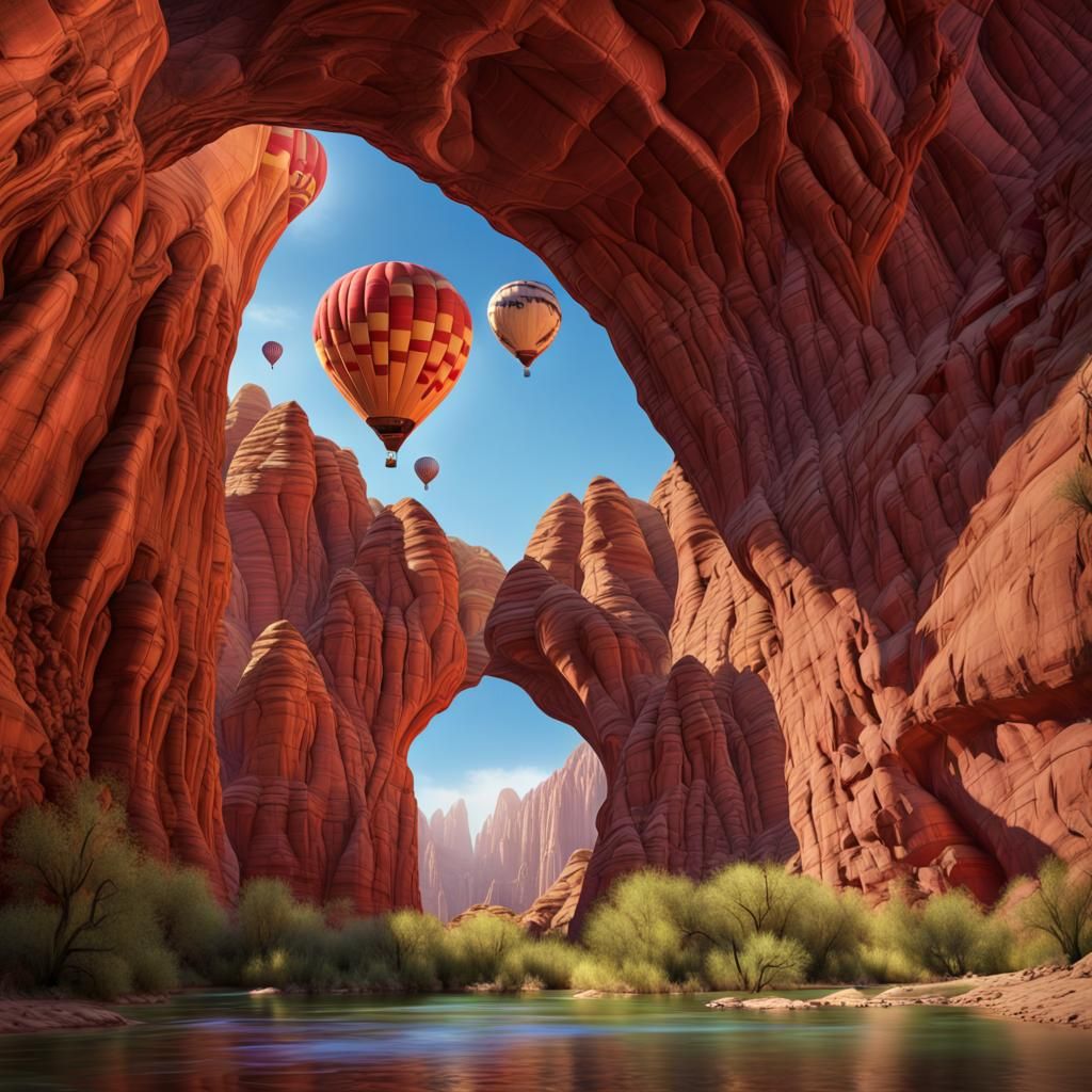 Hot Air Balloons Fly Through Red Rock Canyon