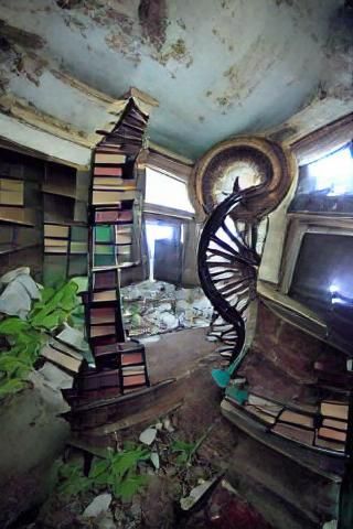 Abandoned Mansion with Spiral Staircase and Bookshelves