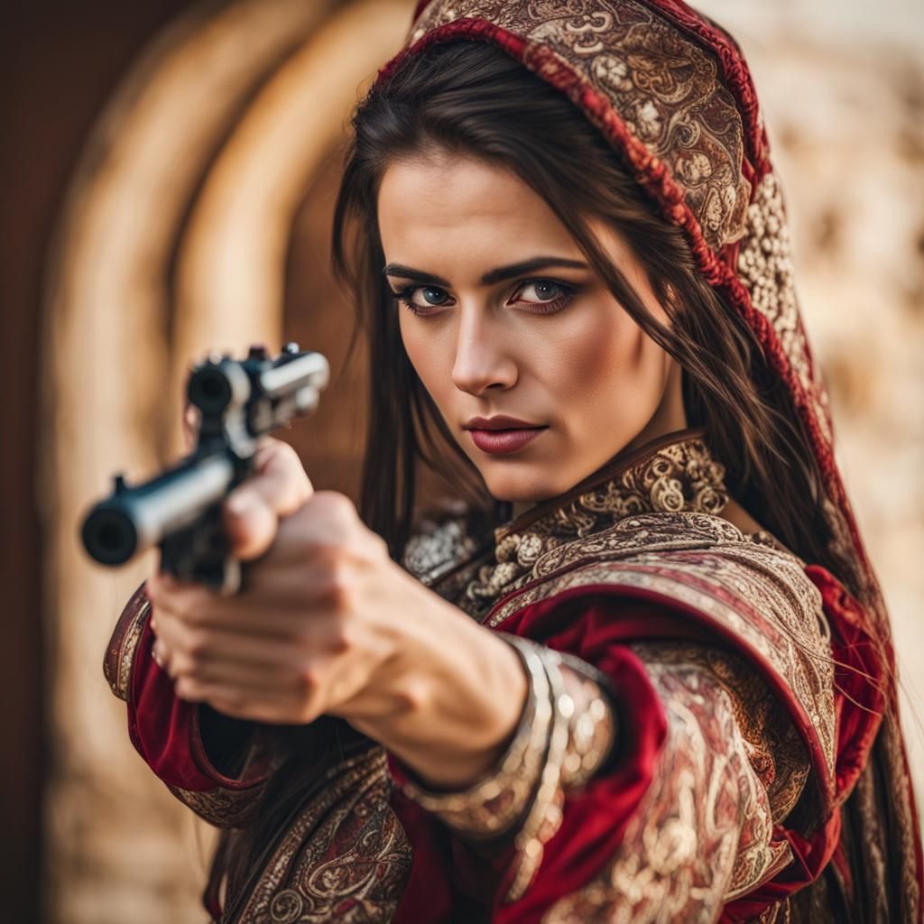 Brunette in Turkish Dress Aims Holstered Weapon