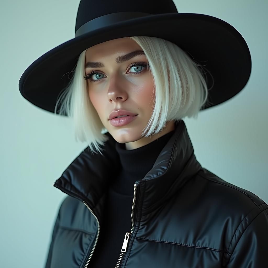 Edgy Woman with White Hair in Mashup Style