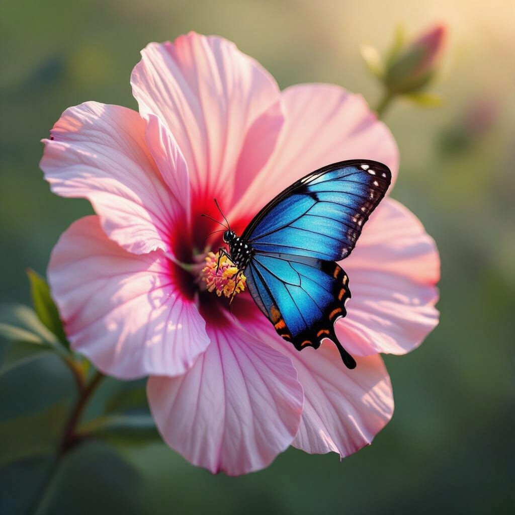 Vibrant Blue Morpho Butterfly on Wilting Hibiscus