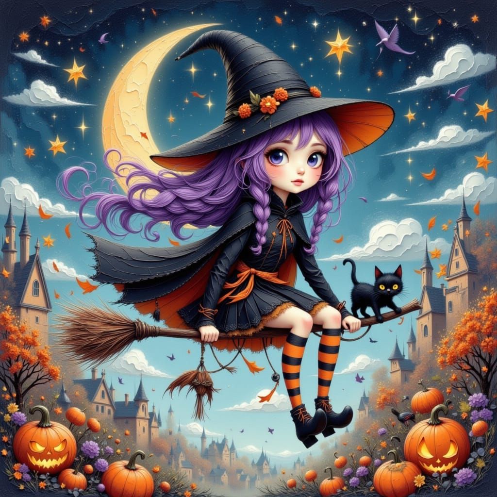 Young Witch Flying Broomstick Over Autumn Town