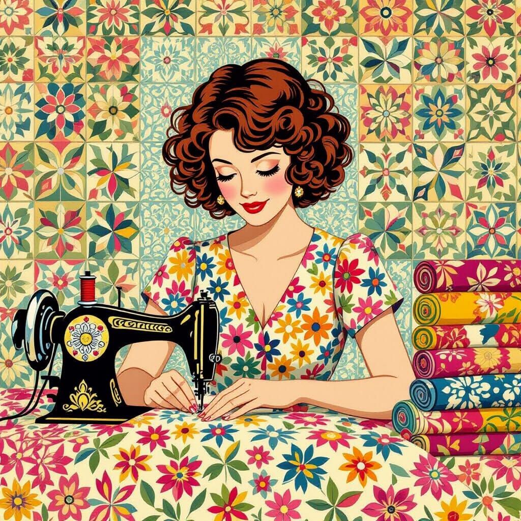 Woman Sewing Vintage Textile in Geometric Style