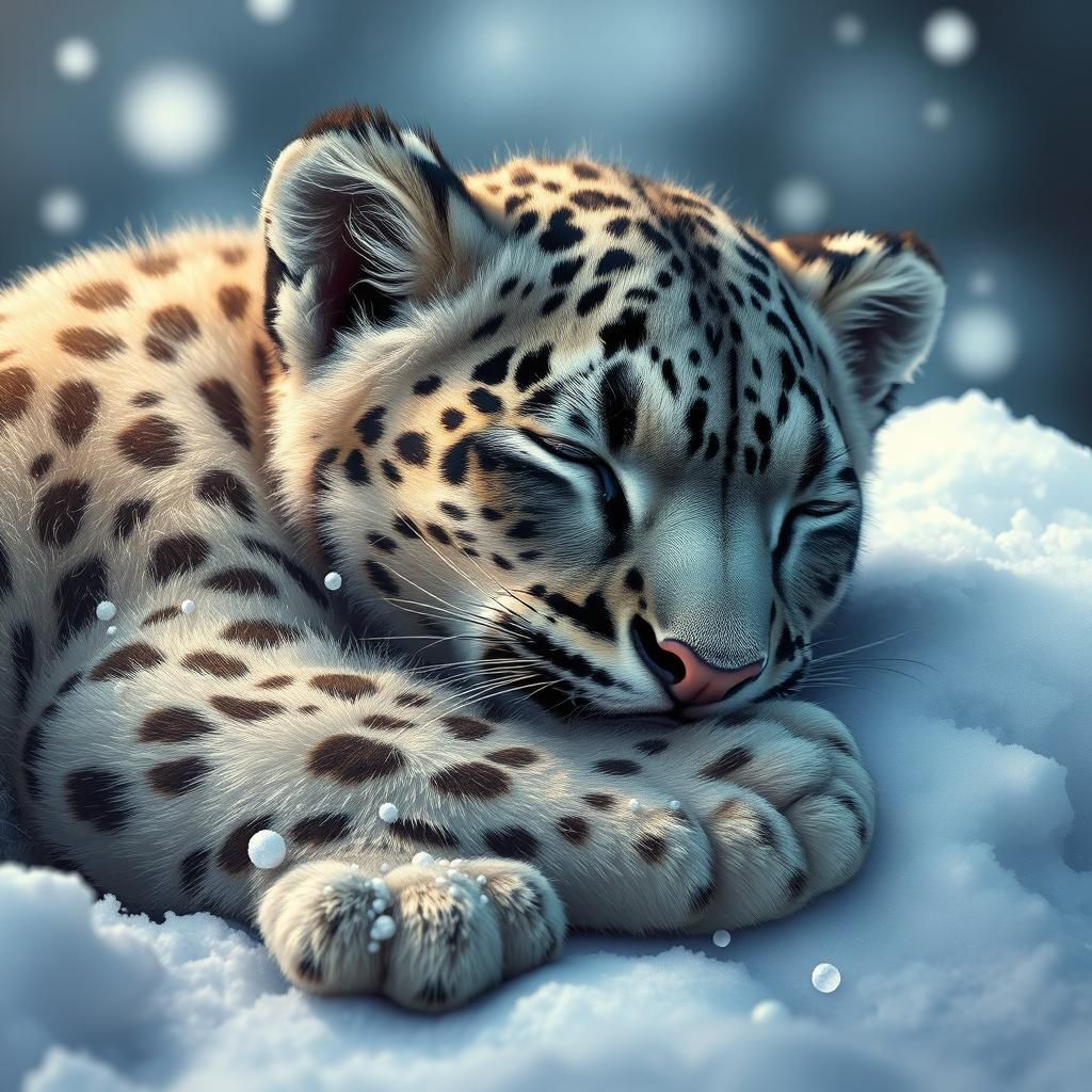 Adorable Baby Snow Leopard Sleeping: Hyperrealistic Splash A...