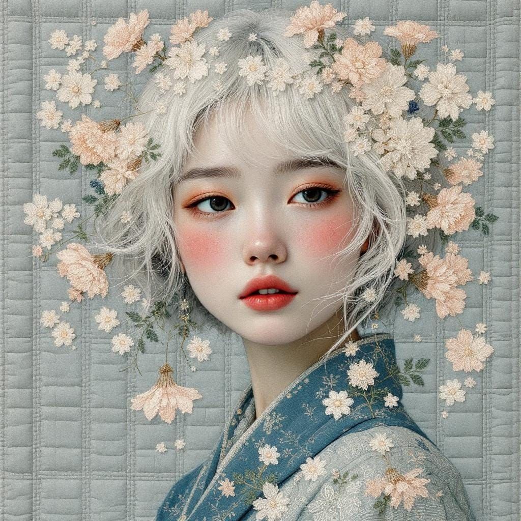 Sashiko Embroidery Portrait of a Young Woman