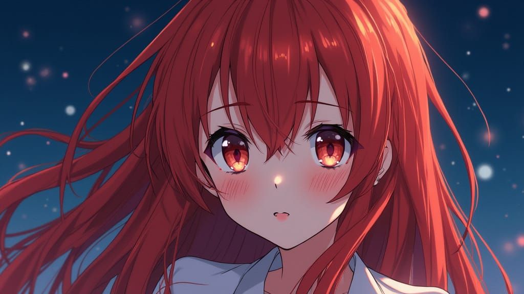Anime Girl with Fiery Hair in Night Setting