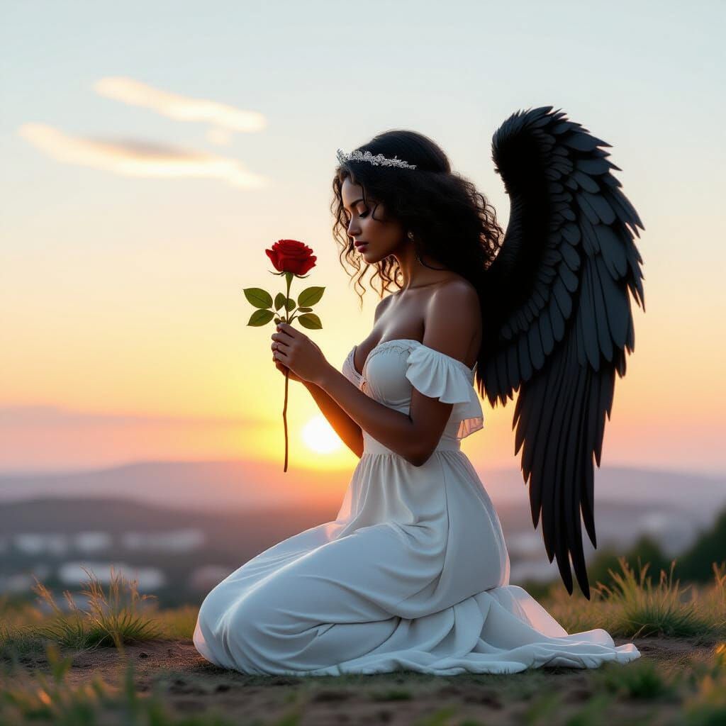 Black Female Angel Kneeling with Rose on Horizon