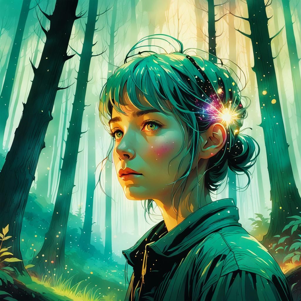 Colorful Forest Portrait in Arthur Rackham Style