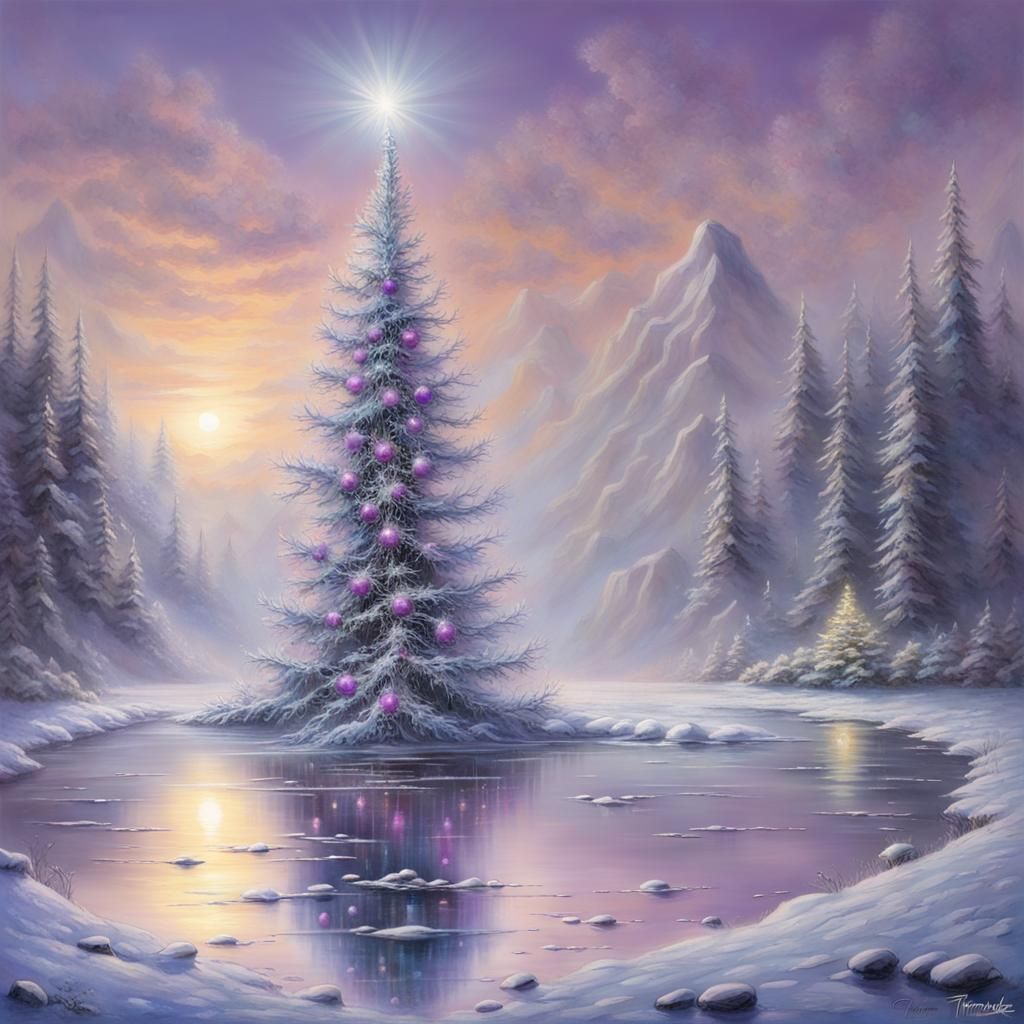 Surreal Silver Christmas Tree in Frozen Lake