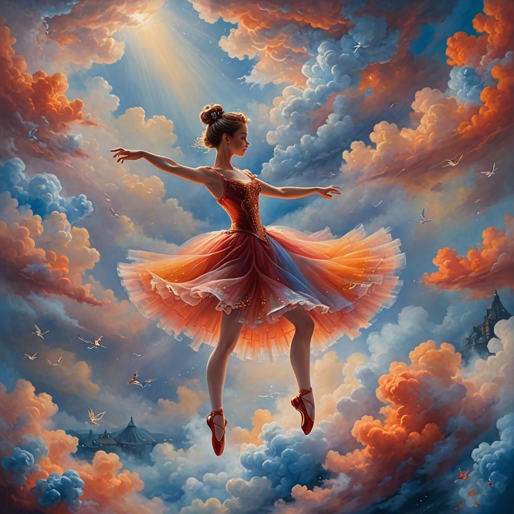 Ballerina Dancing in Blue Cloud, Ethereal Fantasy