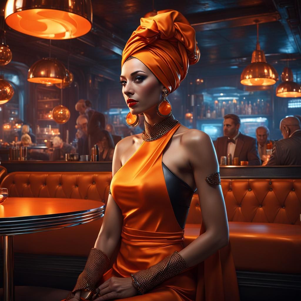 Cyberpunk Night Cafe with Woman in Polkadot Dress