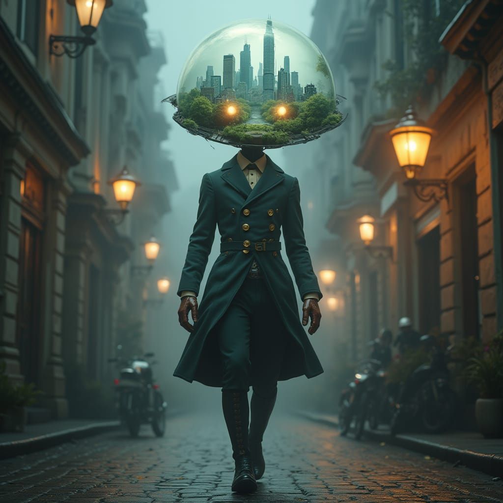 Surreal Android in Victorian Work Uniform Walks Through Neon...
