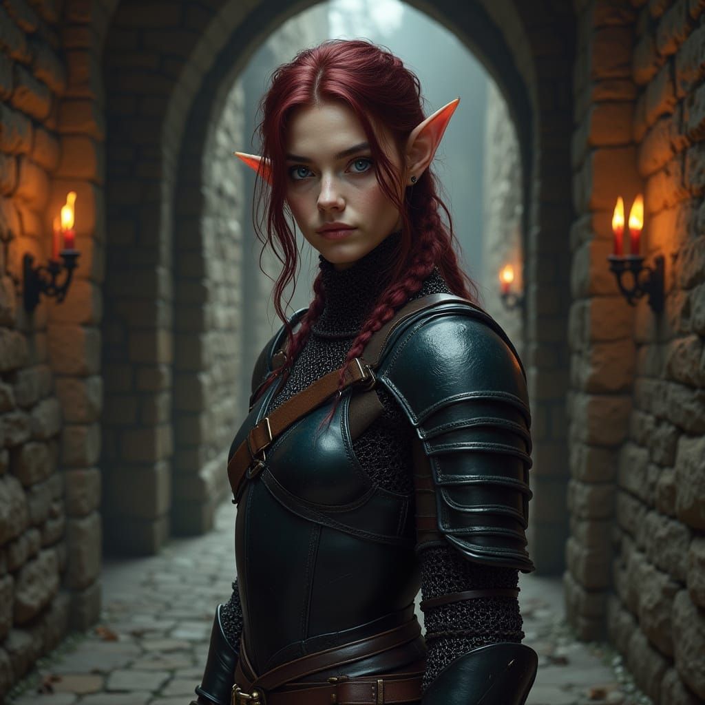 Elven Warrior in Gothic Armor in Medieval Hallway