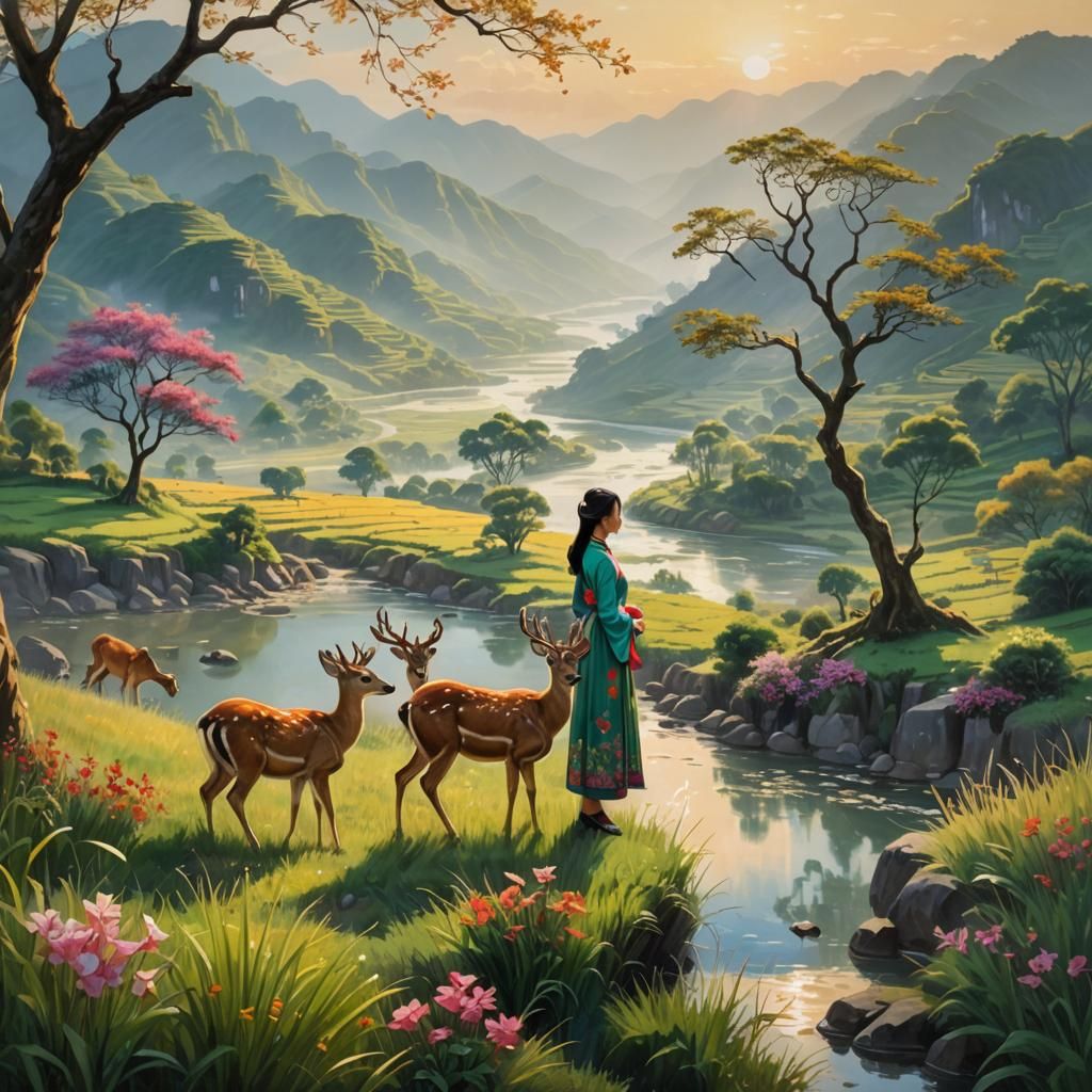 Vietnamese Lady and Deer in Impressionist Landscape