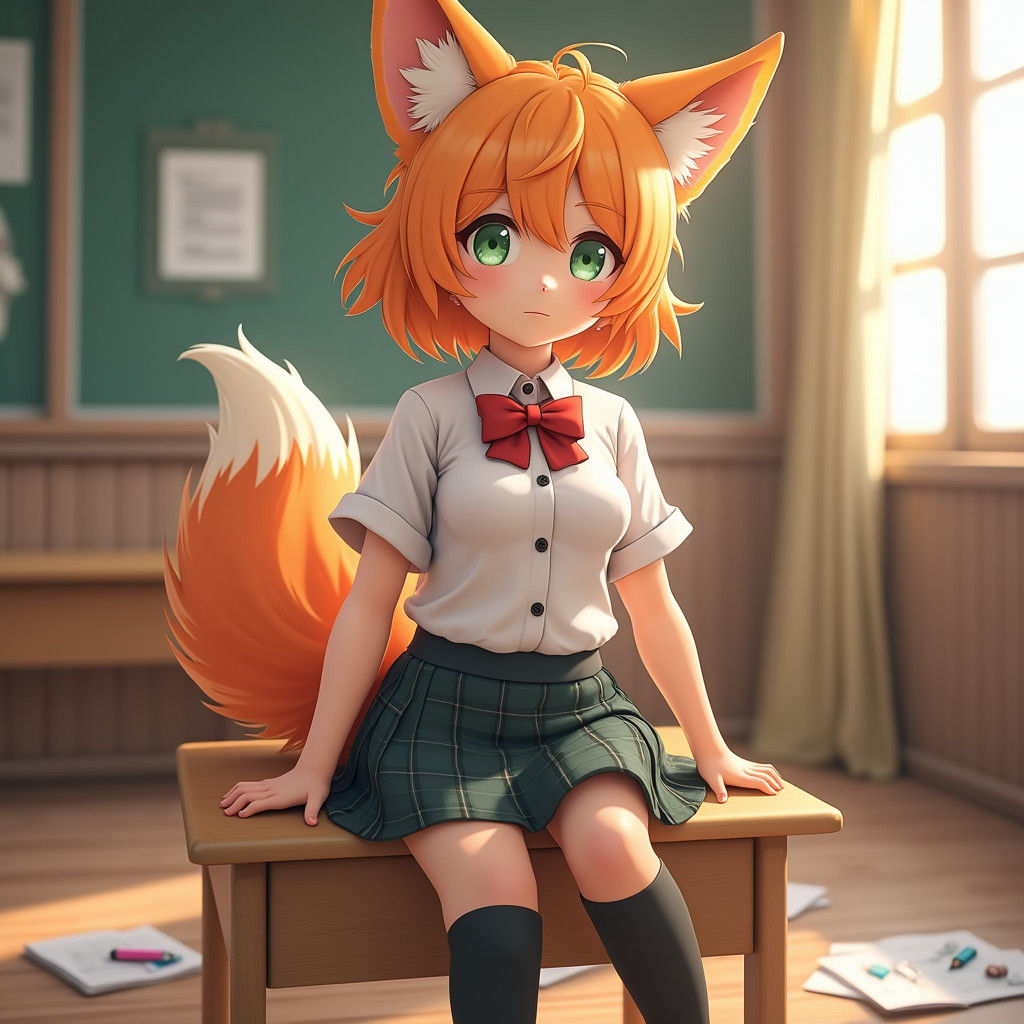 Anime Fox Girl in School Uniform, 3D Render