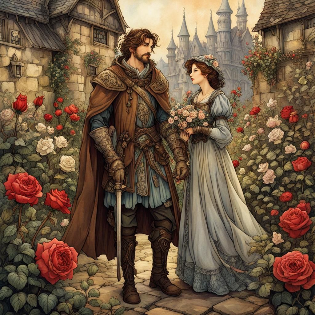 Medieval Family in Rose Garden, Arthur Rackham Style