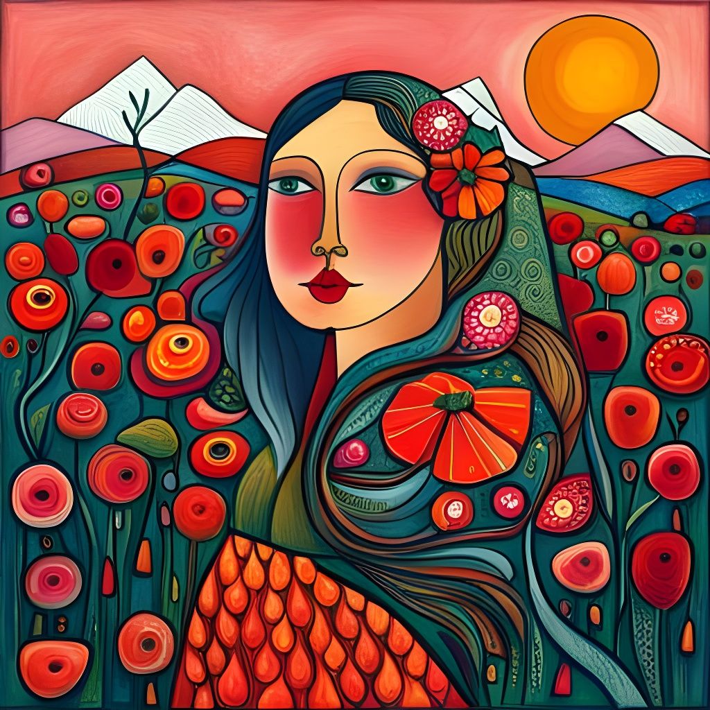 Girl Covered in Floral Poppies in Art Brut Style