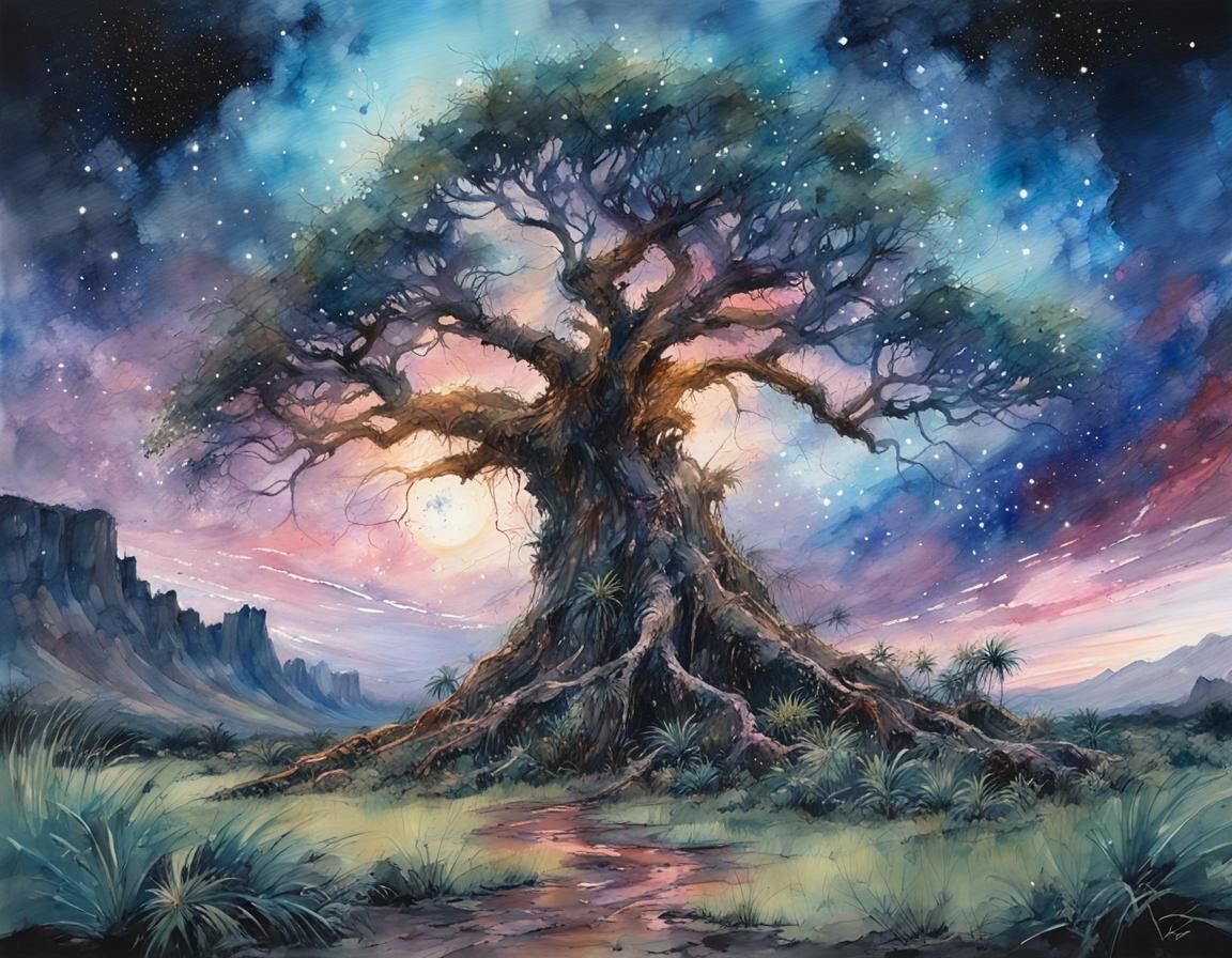 Enchanted Tree of Life: Watercolor Fantasy at Twilight