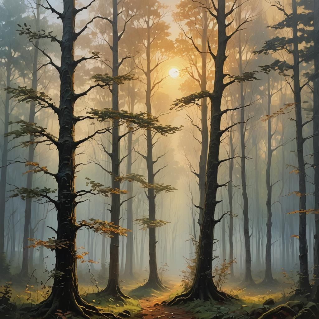 Mystical Forest Landscape Painting with Golden Light