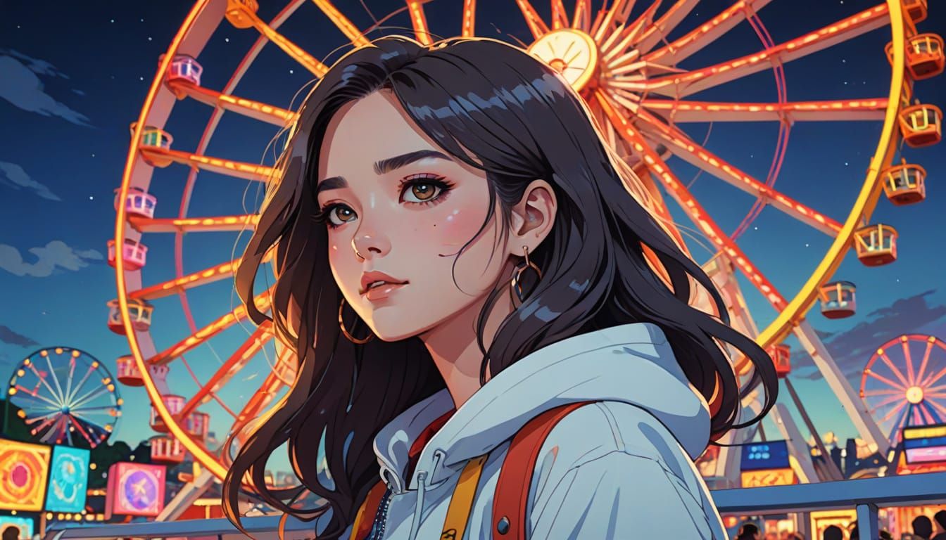 Vibrant Anime Girl Rides Ferris Wheel in Stunning Flat Art