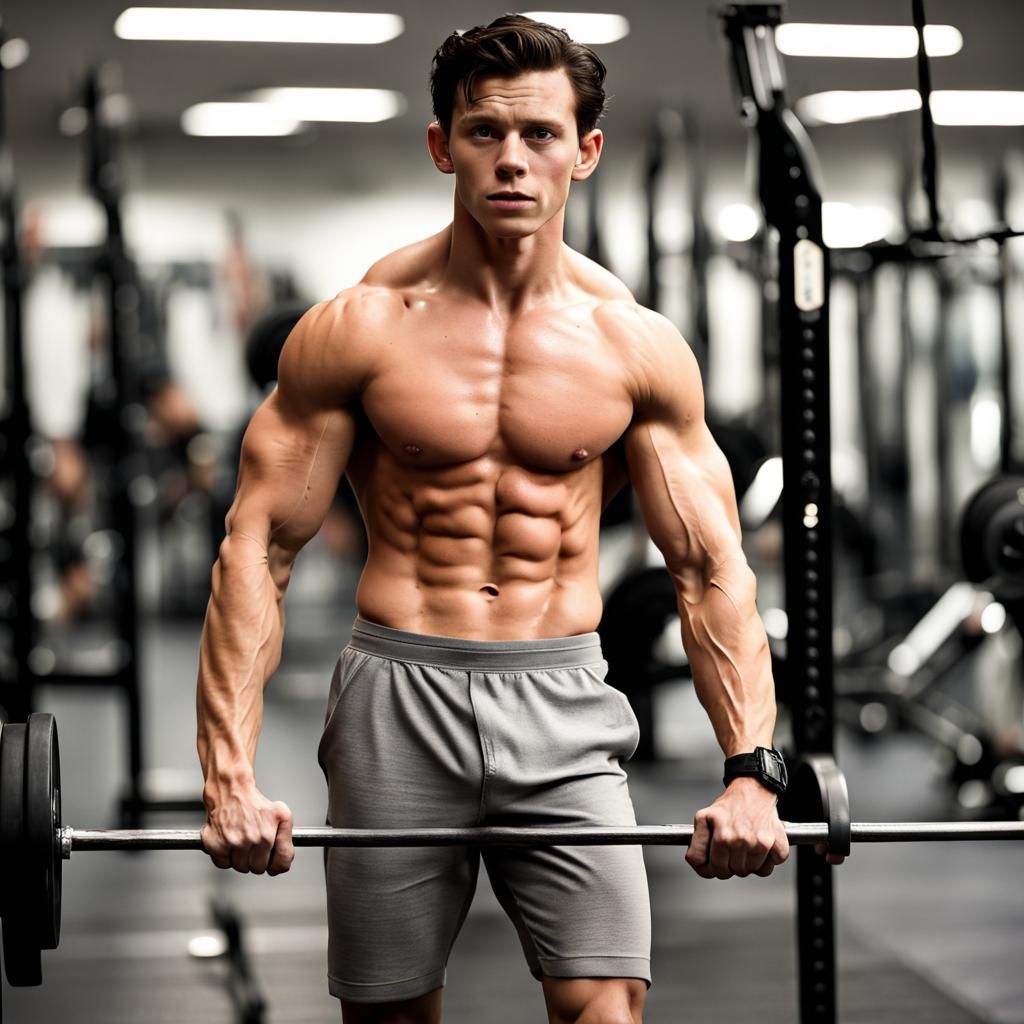 Extremely Buff Tom Holland in Gym: Hyperrealistic Art