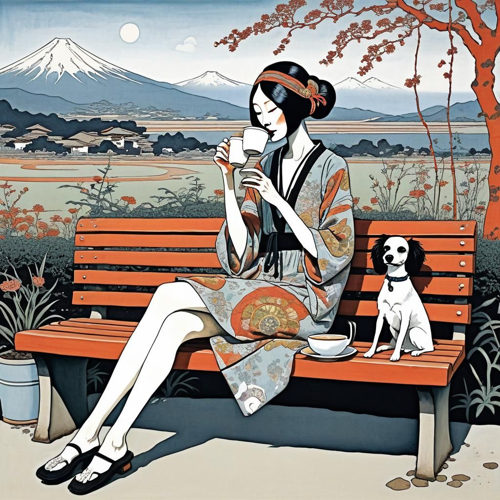 Ukiyo-e Painting of a Woman with Dog Drinking Coffee