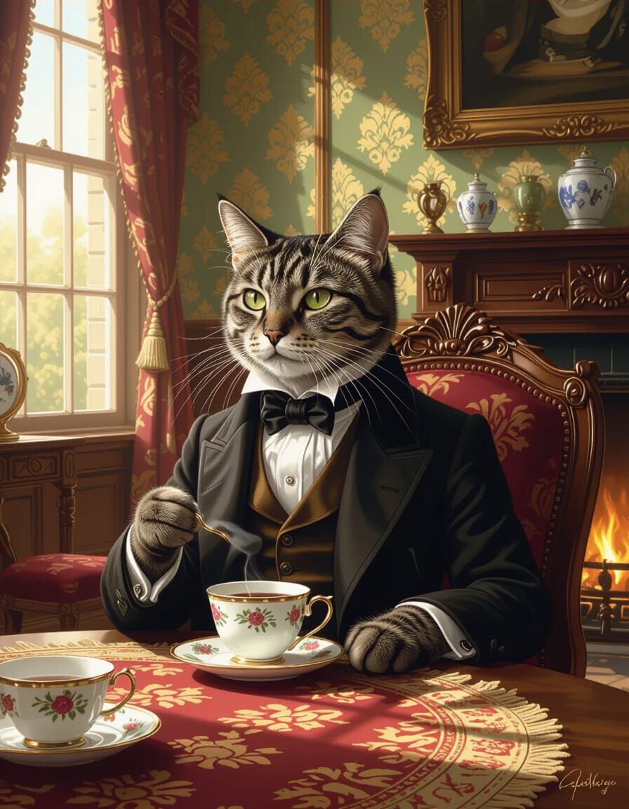 Victorian Cat Sipping Tea, Hyper-Realistic Digital Painting