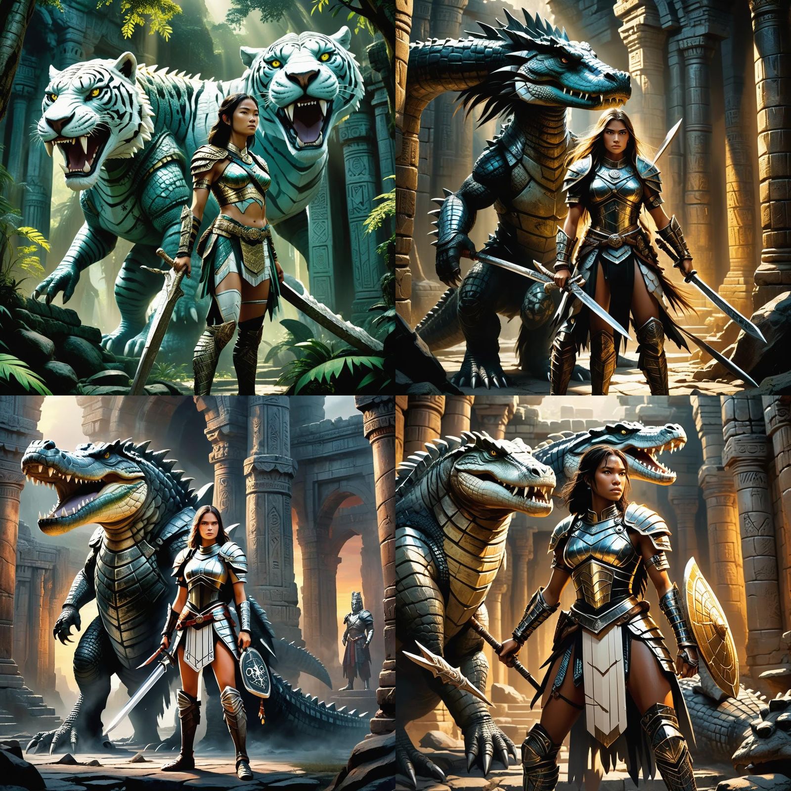 Warrior Woman and Giant Tiger Ready for Battle