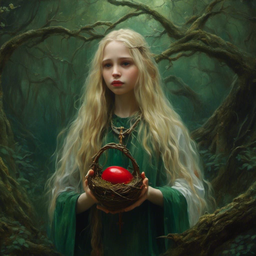 Crone in Emerald Forest Holding Red Egg