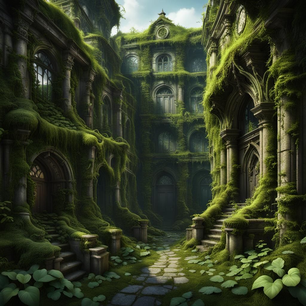 Overgrown City: Vines and Moss in Detailed Painting