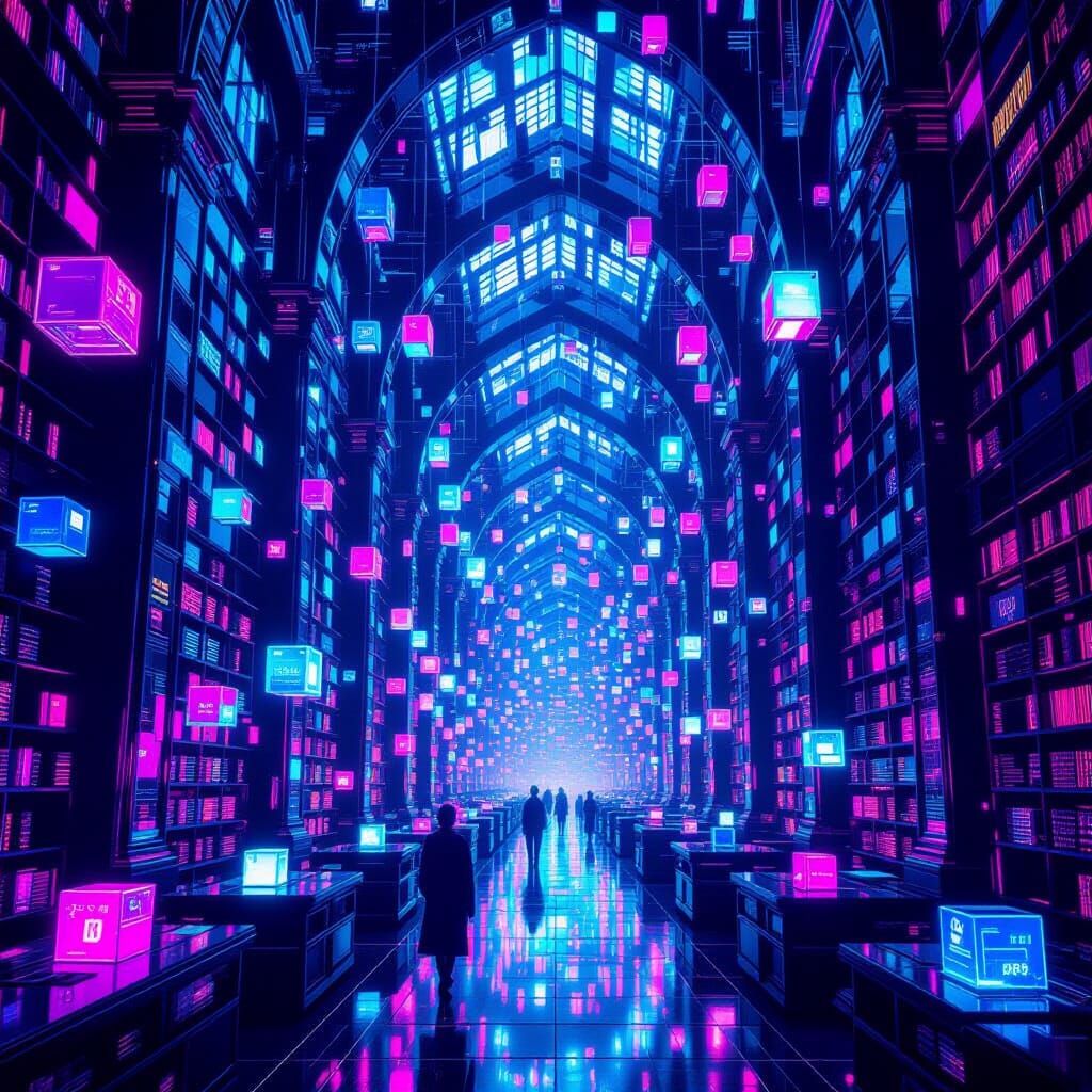 Cyberpunk Library of Infinite Memories in Neon Light