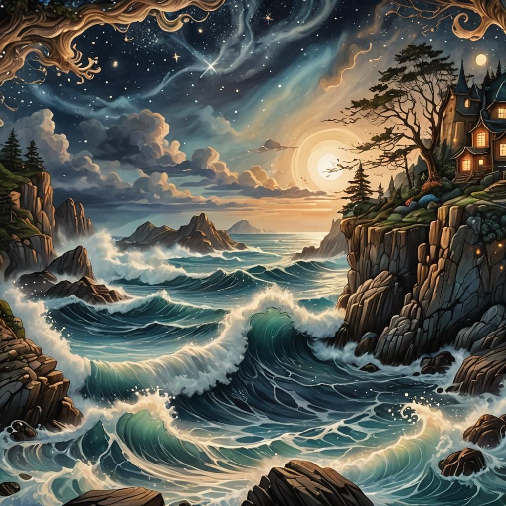 Dramatic Rocky Coastline at Night in Fantasy Art Style