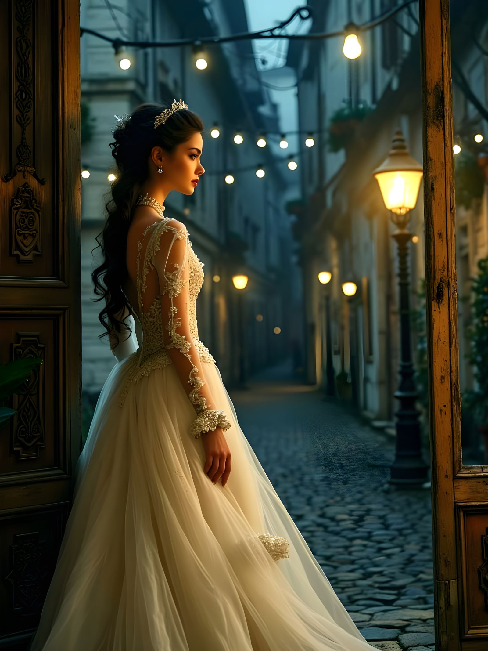 Woman in Baroque Elegance Contemplates a Dark Historical Tow...