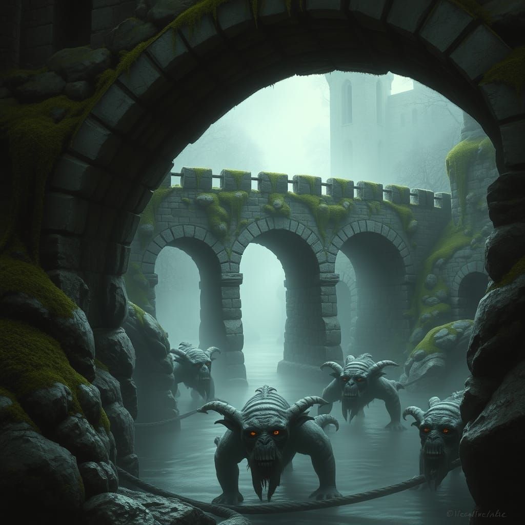 Medieval Trolls Lurk in the Shadows of a Misty River Bridge