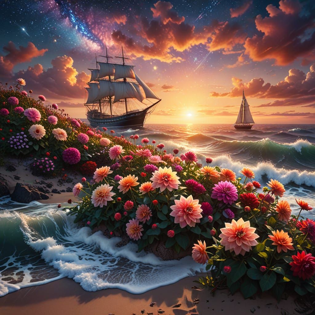 Dahlias on Beach Knoll in Cinematic Digital Art