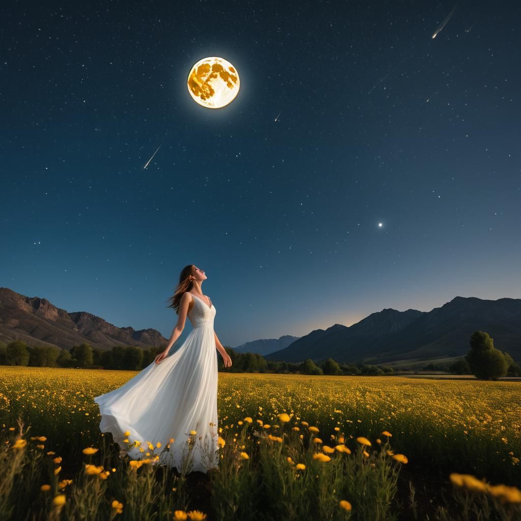 Ethereal Woman Gazing at Moonlit, Meteor Sky