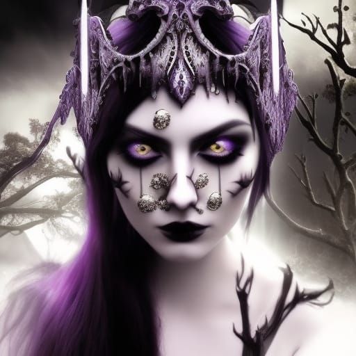 Ethereal Gothic goddess Hecate wearing a Beautiful black spiked Gothic regal Crown with amethyst crystals on it& Long bl...