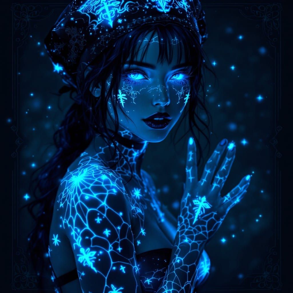 Gothic Nurse in Azure Spider Web Scrubs, Bioluminescent Tatt...