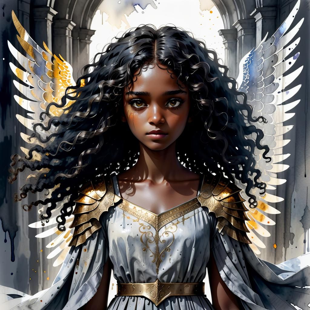 Winged Silhouette Girl in Watercolor Style