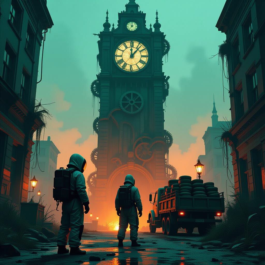 Post-Apocalyptic Figure Before Frozen Clocktower in Film Noi...