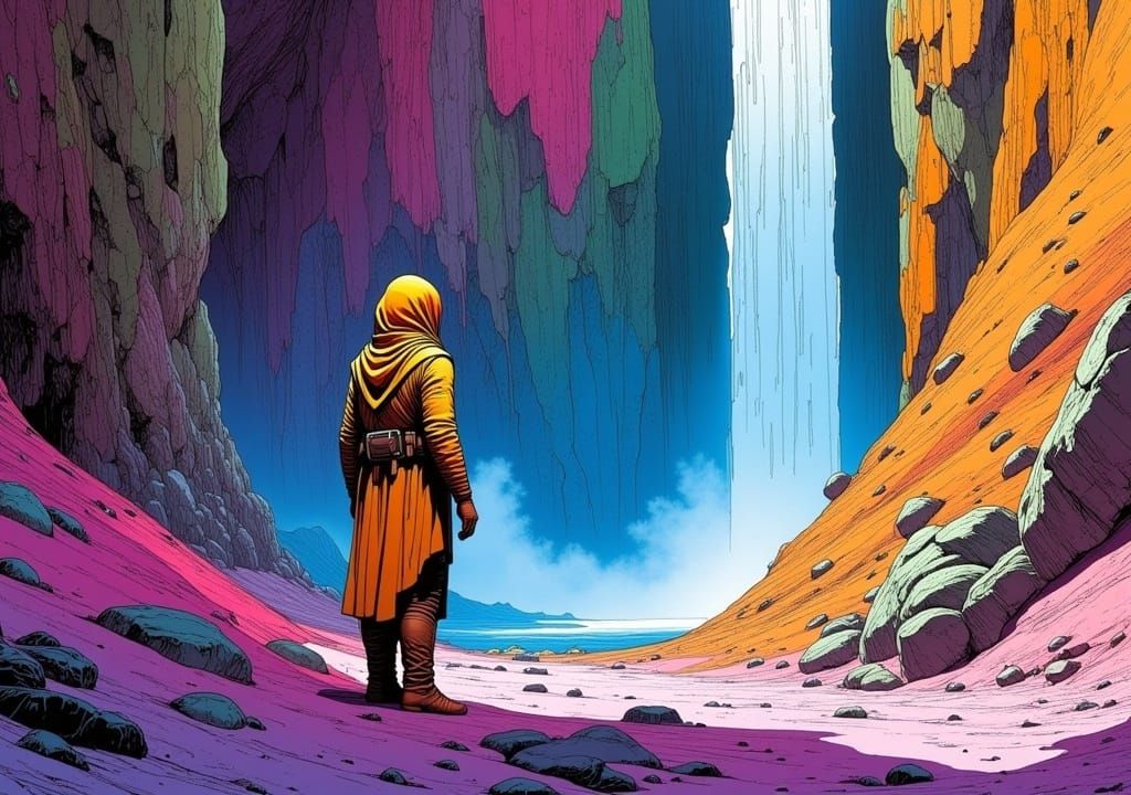 Githyanki Warlock Beside Exoplanetary Waterfall as Ink Wash ...