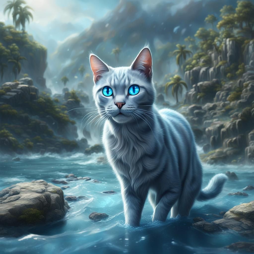 Blue-Grey Cat with Sea-Blue Eyes: Fantasy Concept Art