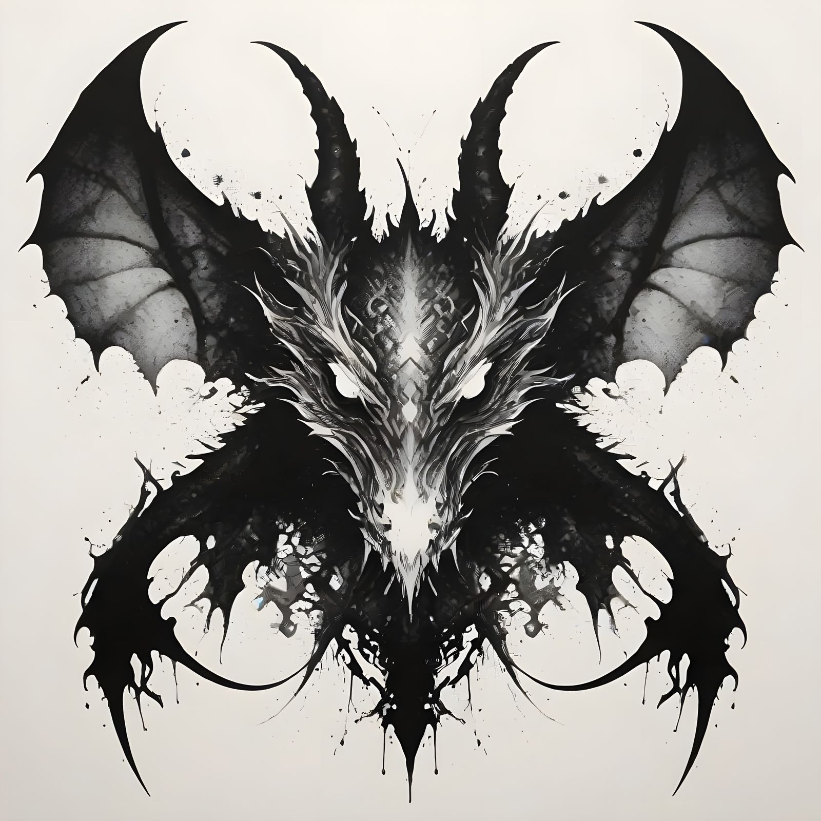 Symmetrical Dragon Inkblot Art in Rorschach Style