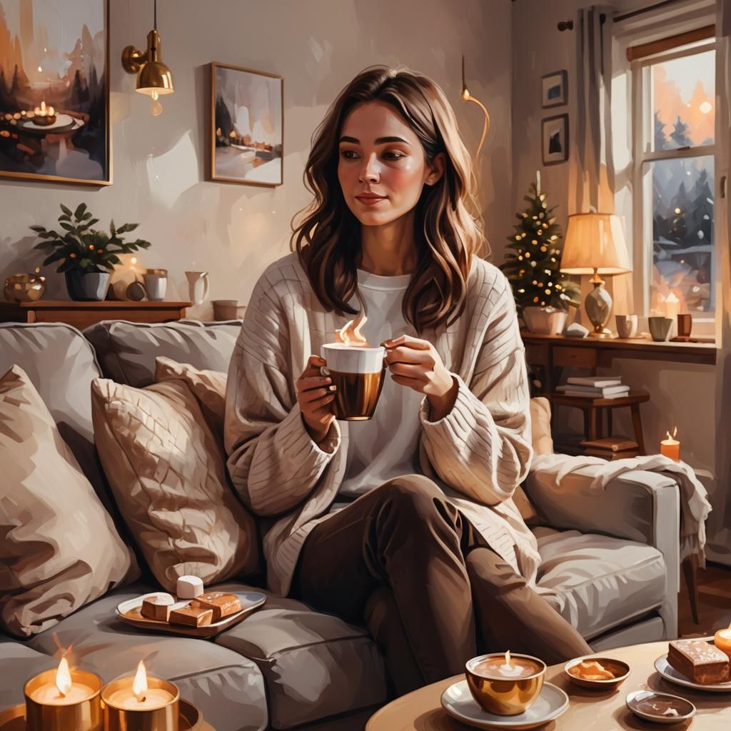Cozy Digital Painting: Woman Sipping Hot Chocolate