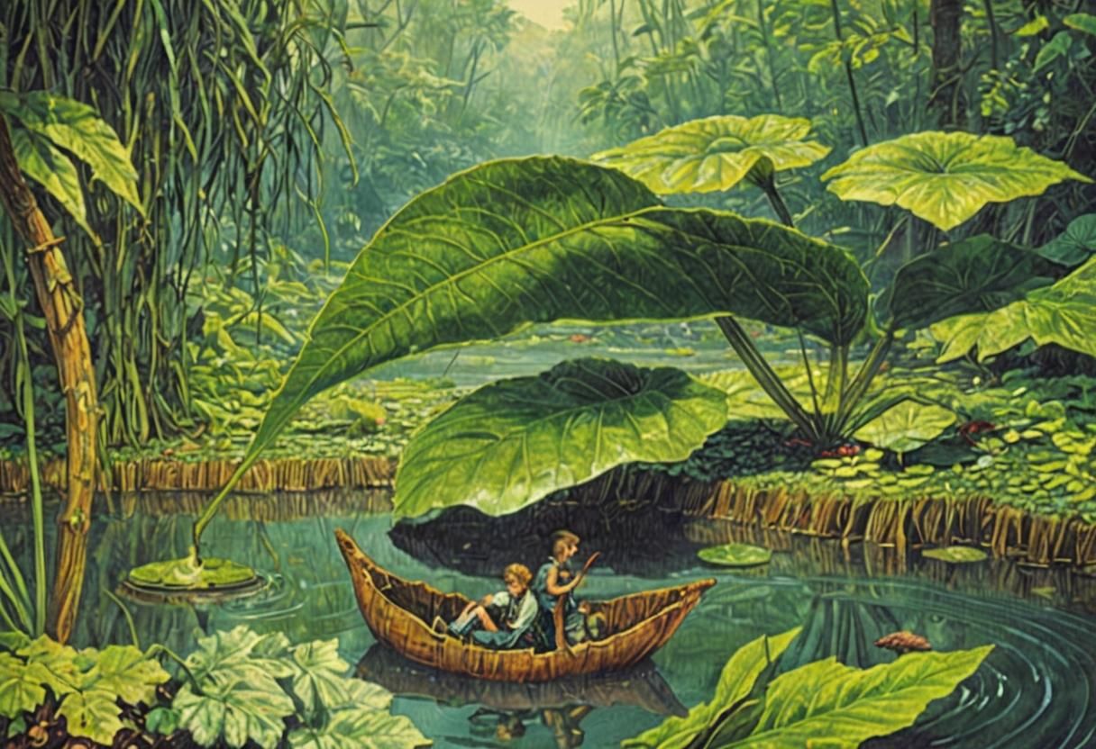 Boy on Leaf Raft in Giant Flora, Surreal Art